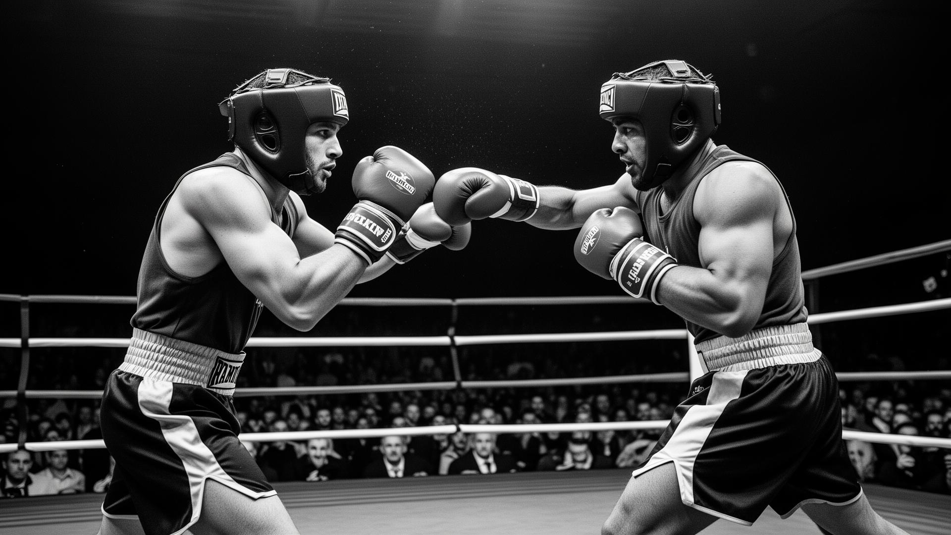 Combate de boxeo amateur en blanco y negro
