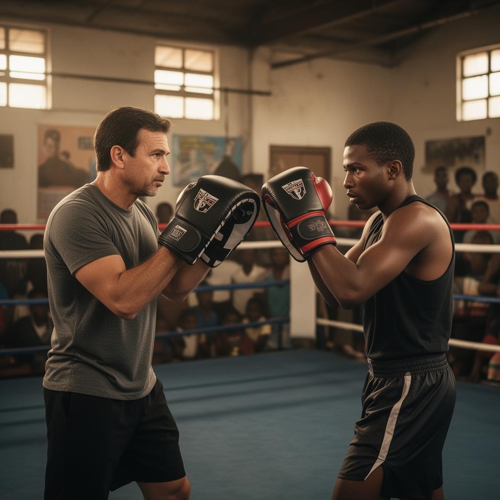 Entrenador y boxeador trabajando técnica