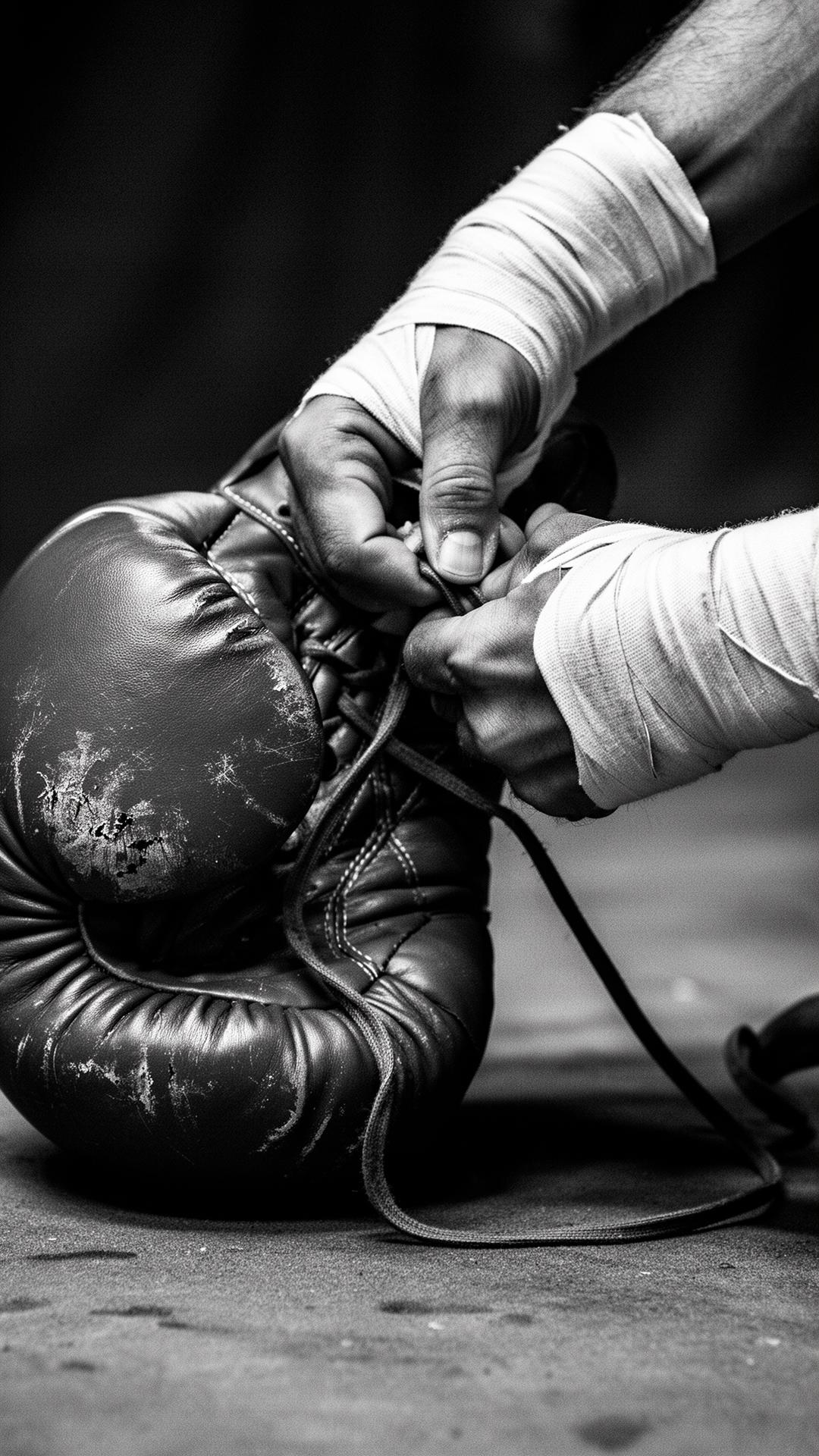 Manos vendadas atando un guante de boxeo